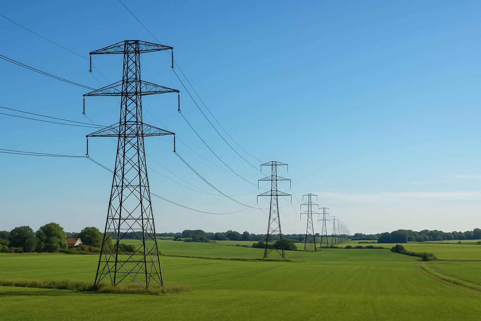A wide-angle shot of a Danish countryside landscape featuring a series of high-voltage transmission towers stretching into the distance under a clear blue sky. The scene captures the expansive infrastructure of the electricity grid, with sunlight casting soft shadows on the green fields below, conveying a sense of stability and the potential impact on electricity prices.