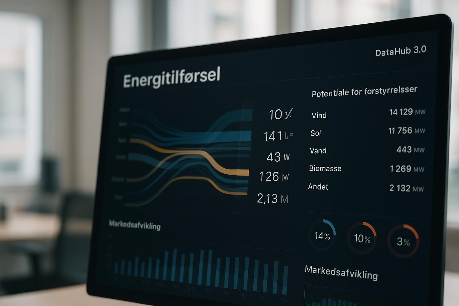 A close-up of a computer screen displaying a complex data visualization in Danish, showing energy supply metrics and potential disruptions. The screen is in a modern office setting, with a soft, natural daylight filtering through large windows, casting gentle shadows. The atmosphere is calm and focused, capturing the technical detail of how DataHub 3.0 impacts energy distribution.