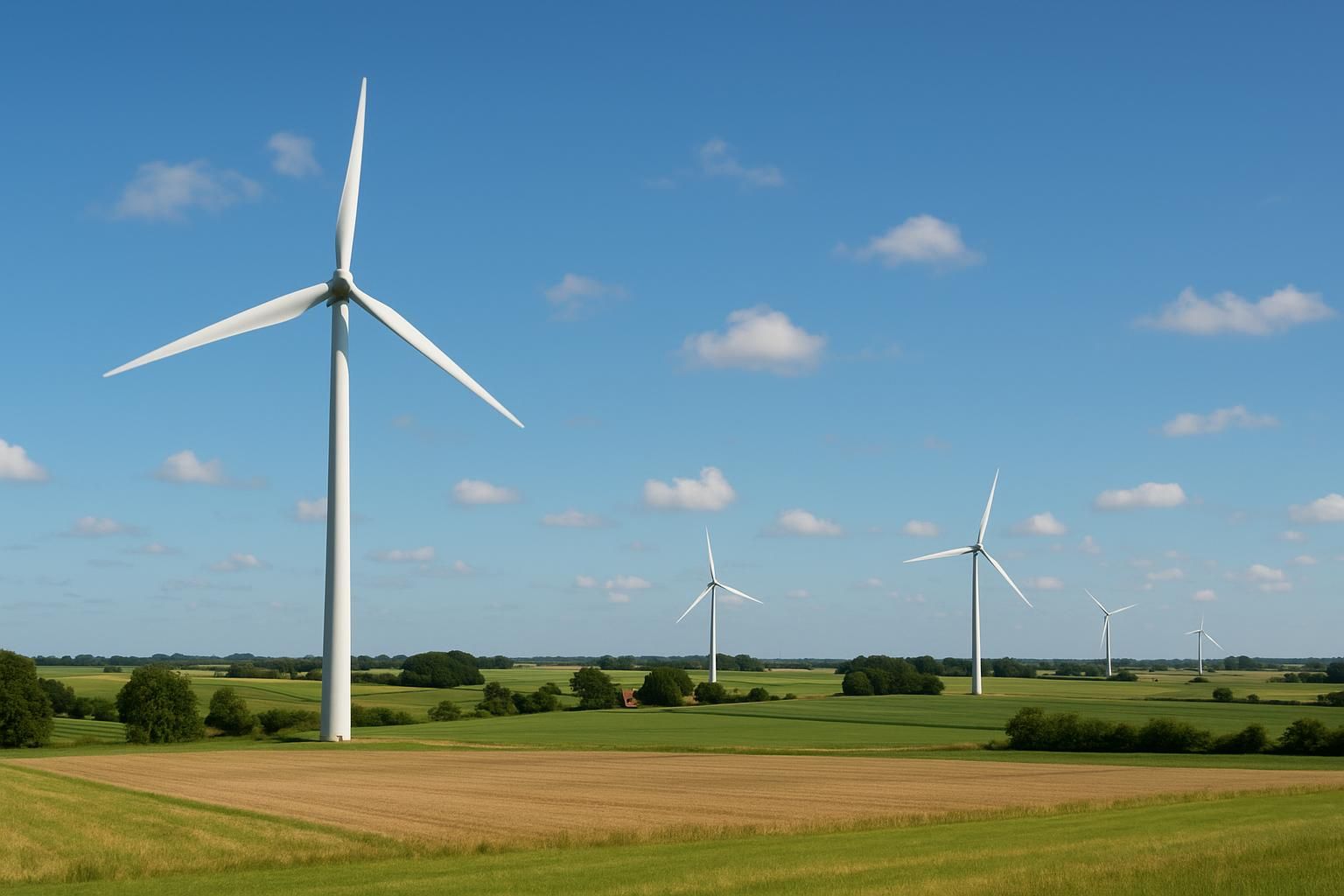 A wide-angle shot of a Danish rural landscape with several wind turbines scattered across open fields under a bright blue sky. The scene captures the turbines in motion, with sunlight casting soft shadows on the ground, conveying a sense of expansion and optimism about the future of wind energy in Denmark. The natural setting emphasizes the integration of renewable energy into the countryside.